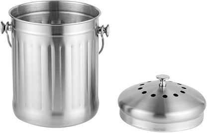 Restaurantware RW Clean 1.3 Gallon Countertop Food Waste Bin 1 Compact Food Waste Container - Avoids Rusting Airtight Lid Stainless Steel 201 Countertop Compost Bin Charcoal Filter