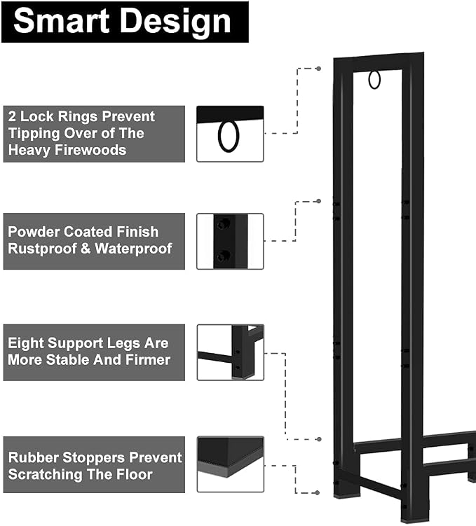 Koutemie 4Ft Outdoor Firewood Rack Holder for Fireplace Wood Storage, Adjustable Fire Log Stacker Stand, Black