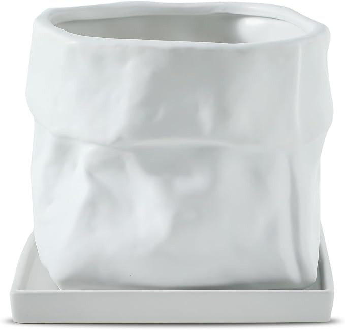 Nihow 8 Inch Ceramic Plant Pot with Drainage & Square Saucer,White | Bag Shape Design,Indoor & Outdoor,Living room/Office/Bedroom/Windowsill/Tabletop,Plant Lovers/Gardeners/Beginners