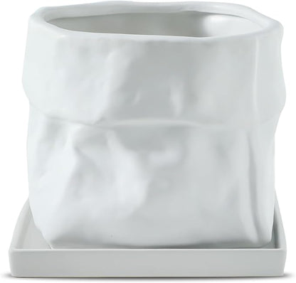 Nihow 8 Inch Ceramic Plant Pot with Drainage & Square Saucer,White | Bag Shape Design,Indoor & Outdoor,Living room/Office/Bedroom/Windowsill/Tabletop,Plant Lovers/Gardeners/Beginners