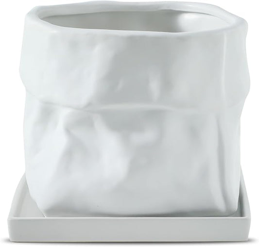 Nihow 8 Inch Ceramic Plant Pot with Drainage & Square Saucer,White | Bag Shape Design,Indoor & Outdoor,Living room/Office/Bedroom/Windowsill/Tabletop,Plant Lovers/Gardeners/Beginners