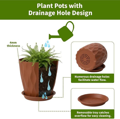 Plant Pots 8 Inch, 6 Pack Plastic Flower Pots for Indoor & Outdoor Plants, Planters with Drainage Holes and Saucer, Garden Pot for Plants (Multicolor)