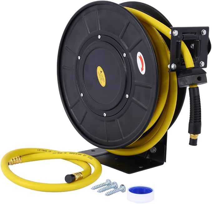 Air Reel Retractable, Industrial 3/8" Inch x 50' Feet Long Premium Commercial Flex Hybrid Polymer Hose, Retractable Air Compressor Hose Reel, Max 300 PSI Heavy Duty Steel Frame For Indoor&Outdoor Use