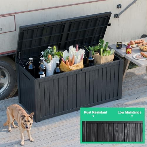 180 Gallon Deck Box, Waterproof Resin Rattan Outdoor Storage Box with Lockable Lid, Fade Resistant Patio Storage Box for Garden Tools, Pool Accessories, Outdoor Cushions, Black