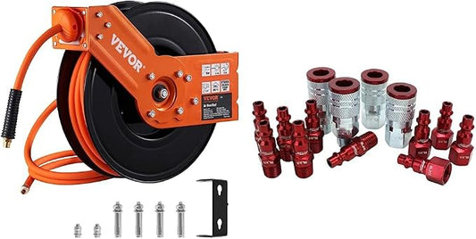 VEVOR Retractable Air Hose Reel, 3/8 IN x 50 FT Hybrid Air Hose Max 300PSI, Air Compressor Hose Reel with 5 ft Lead in, Ceiling/Wall Mount Heavy Duty Double Arm Steel Reel and Milton S-314MKIT ColorFit Coupler & Plug Kit - (M-Style, Red) - 1/4" NPT, (1...