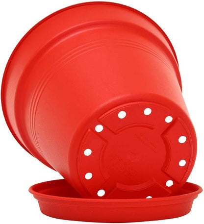 Mintra Garden Pots, 4 Pack Bulk Plastic Plant Pots with Drainage Tray, Round Indoor & Outdoor Decorative Planters with Drain Holes for Flowers, Herbs & Plants, 17cm Diameter – Red, 6.6 in