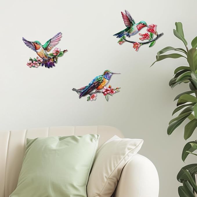 3 Pack Metal Hummingbird Wall Art Decor, 3D Colorful Birds Outdoor Wall Art Yard Patio Fence Decoration, Hand Painted Wall Sculpture Hanging Outdoor Decor for Garden Outside Livingroom