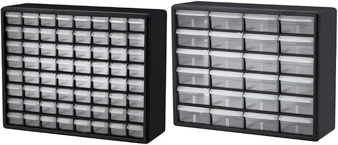 Akro-Mils 10164 64 Drawer Plastic Parts Storage Hardware and Craft Cabinet, Black & 24 Cabinet 10724, Plastic Parts Storage Hardware and Craft Cabinet, (20-Inch W x 6-Inch D x 16-Inch H), Black