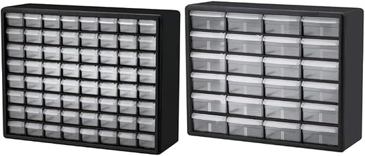 Akro-Mils 10164 64 Drawer Plastic Parts Storage Hardware and Craft Cabinet, Black & 24 Cabinet 10724, Plastic Parts Storage Hardware and Craft Cabinet, (20-Inch W x 6-Inch D x 16-Inch H), Black