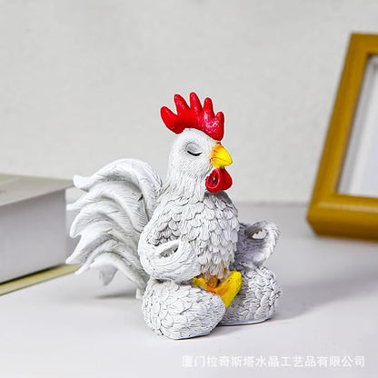 Yoga Rooster Ornament, Chicken Buddha Zen Figurine Resin Sit in Meditation Rooster Statue Rustic Farmhouse Bird Sculpture Gift Handmade Decoration for Home Patio Yard Lawn Garden (White)