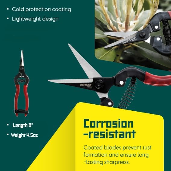 BERGER Pruning Snips – 7.5" Lightweight Garden Shears with Sharp Straight Blade, Steel Construction, Comfort Grip with Cold Protection, Gardening Clippers – 1600