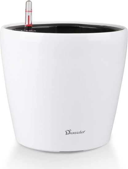 Dexceder 9x8 Self Watering Planter (White High Gloss) | Inner Pot Design, Thickened Table Flower Plant Pot with Water Level Indicator Indoor Outdoor