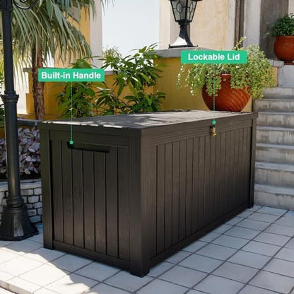 180 Gallon Deck Box, Waterproof Resin Rattan Outdoor Storage Box with Lockable Lid, Fade Resistant Patio Storage Box for Garden Tools, Pool Accessories, Outdoor Cushions, Black