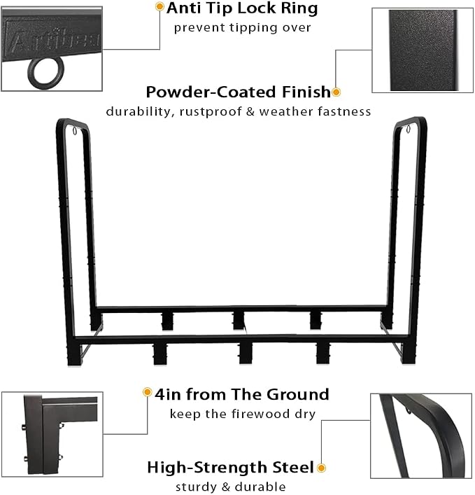 8ft Outdoor Firewood Rack, Upgraded Heavy Duty Logs Stand Stacker Holder for Fireplace - Metal Lumber Storage Carrier Organizer, Bright Black