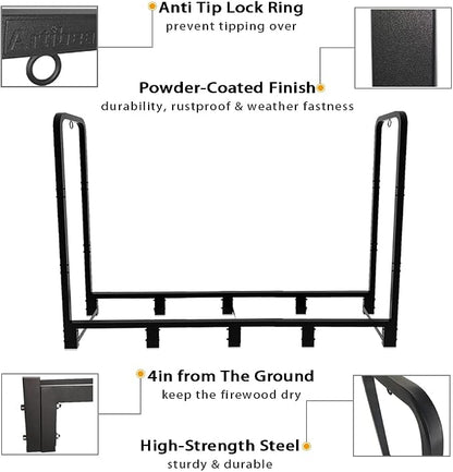 8ft Outdoor Firewood Rack, Upgraded Heavy Duty Logs Stand Stacker Holder for Fireplace - Metal Lumber Storage Carrier Organizer, Bright Black
