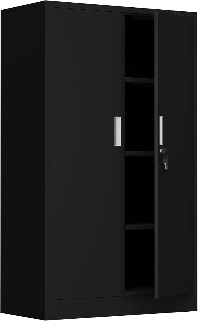 iJINGUR Metal Storage Cabinet with Locking Doors and Adjustable Shelves, 53.5-Inch Tall Lockable Storage Cabinets for Home Office Garage Kitchen Pantry (Black)