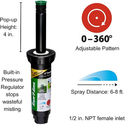 Rain Bird 1804AP8PRS Pressure Regulating (PRS) Professional Pop-Up Sprinkler, Adjustable 0-360° Pattern, 6' - 8' Spray Distance, 4" Pop-up Height