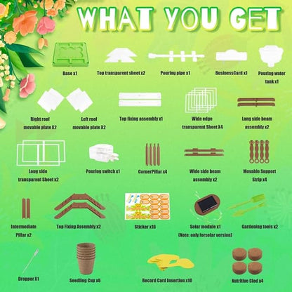 Kids Plant Growing Kit - Kids Greenhouse & Flower Growing Kit with Upgraded Irrigation & Grow Light – Perfect Gardening for Kids（Solar Green）