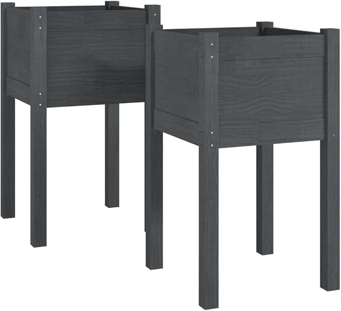 vidaXL Planter 2 Pcs, Outdoor Raised Garden Bed with Legs, Flower Box for Backyard Patio Balcony Deck, Planter Pot, Gray Solid Wood Pine