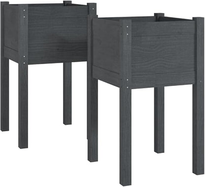 vidaXL Planter 2 Pcs, Outdoor Raised Garden Bed with Legs, Flower Box for Backyard Patio Balcony Deck, Planter Pot, Gray Solid Wood Pine