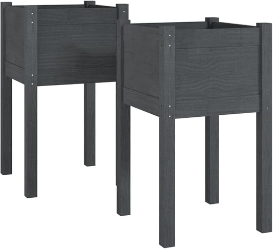 vidaXL Planter 2 Pcs, Outdoor Raised Garden Bed with Legs, Flower Box for Backyard Patio Balcony Deck, Planter Pot, Gray Solid Wood Pine