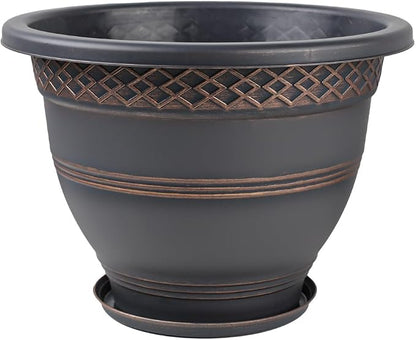 Usocik 16 Inch Plaid Plant Pots 4 Pack with Drainage and Saucers Copper | Copper plaid PP pots with drainage holes and saucers for large plants porch patio garden and entryway
