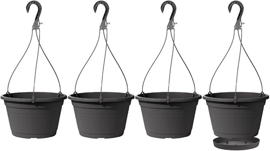 4 Pcs Hanging Planters,10" Hanging Pots Plastic Hanging Flower Plant Basket with Drainage Trays & Chain Holder for Outdoor Indoor Plants Garden Balcony Decoration, Dark Gray