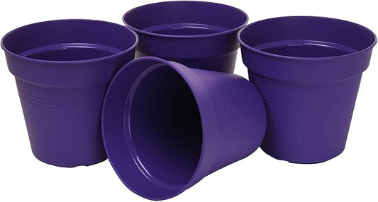 Mintra Garden Pots, 4 Pack Bulk Plastic Plant Pots with Drainage Tray, Round Indoor & Outdoor Decorative Planters with Drain Holes for Flowers, Herbs & Plants, 15cm Diameter – Purple, 5.9 in