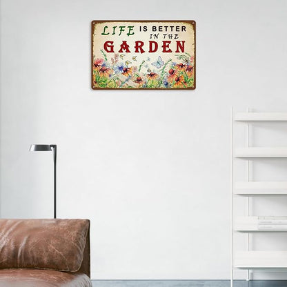 Garden Sign Vintage Gardening Metal Sign Life Is Better In The Garden Rustic Decor Funny Outdoor Gardening Metal Signs Botanical Wall Decorative 8×12 Inch