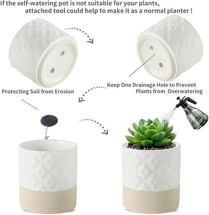Nihow Self Watering Ceramic Plant Pot, 4.5 Inch, Matte White & Brown Star | Drainage Hole, Water Storage Plus, Indoor & Outdoor, Cylinder Flower Pot, For Herbs/Violets