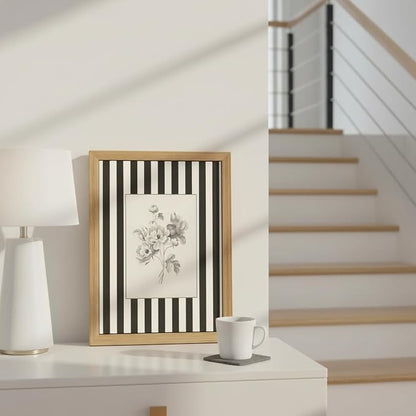 Black and White Floral Wall Art Framed Canvas,Vintage Botanical Sketch Print, Minimalist Striped Modern Farmhouse Wall Decor for Living Room Bedroom Bathroom Kitchen12x16in