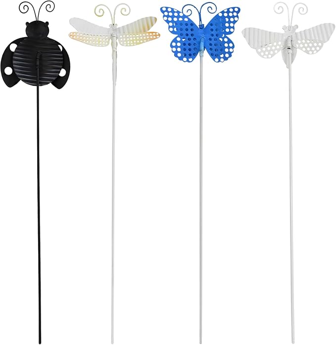 4Pcs Metal Insects Garden Stakes, 16" H Rustic Butterfly, Bee, Dragonfly, Ladybug Stake, Decorative Spring Outdoor Garden Decor Planter Flower Pot Metal Stick for Patio,Lawn,Yard,Pathway