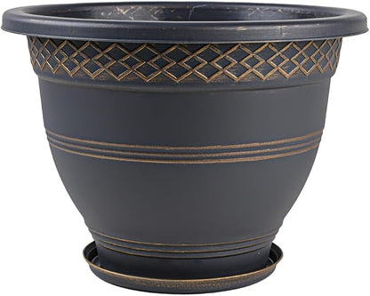 Usocik 10 Inch Plaid Plant Pots 4 Pack with Drainage and Saucers Gold | Gold plaid PP pots with drainage holes and saucers for herbs flowers succulents indoor patio porch