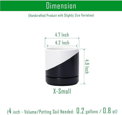 D'vine Dev 4.7 Inch Ceramic Planter Pot with Drainage Hole and Saucer, Indoor Cylinder Round Planter Pot, Oblique Monochrome Black and White, 94-O-B-K