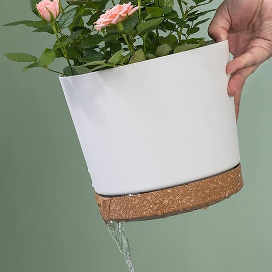 ZMTECH Plant Pots, Set of 3 8'' Self Watering Plastic Planter with Drainage Hole and Saucer, Modern Decorative Flower Pot for Indoor Outdoor House Plants, Succulents, Flowers - White