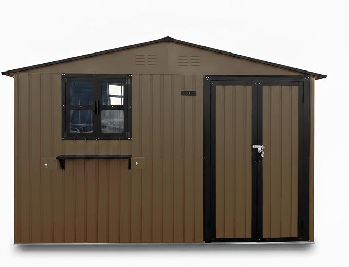 10x8 FT Storage Shed,Outdoor Metal Building Backyard Shed with 2 Clear Openable Windows,Windowsill & Garden Bed Flower Rack,Lockable Double Doors Tool Shed, Heavy Duty Waterproof,for Yard,Brown