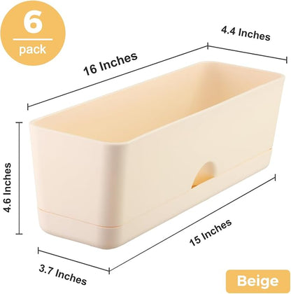 6 Pack Rectangle Planter 16x4.4 Inch Window Boxes Planters Rectangular Large Window Sill Planters Indoor Self Watering Plant Pots with Drainage Holes and Saucers Succulent Herb Flower Pots, Beige