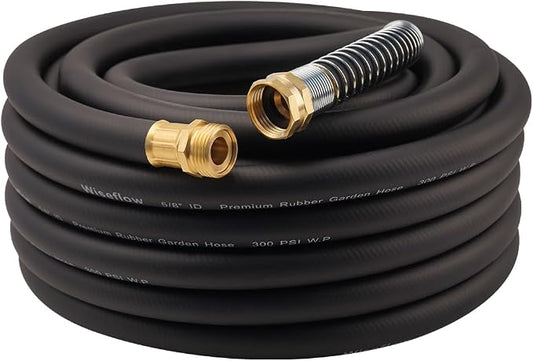 Wiseflow Garden Hose 50FT x 5/8", Heavy Duty Rubber Hose, Water Hose with Five Layered Braiding, Male Female Fittings, 1000PSI Burst, 300PSI Working for Yard, Car Wash, Pets (Black)