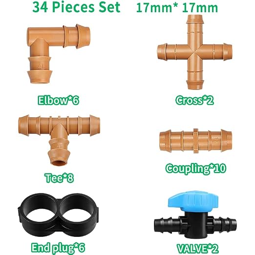 JAYEE 34 Pieces Drip Irrigation Fittings Kit (17mm) for 1/2" Tubing (.600" ID), 10 Couplings, 8 Tees, 2 Cross, 2 Valve, 6 Elbows and 6 Tubing End Closure - Barded Connectors for Sprinkler Systems