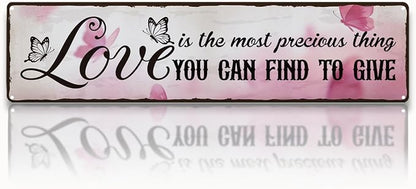 Garden Metal Tin Sign, Vintage Farmhouse Decor, Love Is the Most Precious Thing, Butterfly Wall Decor for Yard Fence Door Porch, Inspirational Indoor Outdoor Garden Decoration, 15.7 x 3.9 Inches