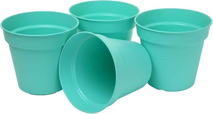 Mintra Garden Pots, 4 Pack Bulk Plastic Plant Pots with Drainage Tray, Round Indoor & Outdoor Decorative Planters with Drain Holes for Flowers, Herbs & Plants, 13cm Diameter – Teal, 5 in