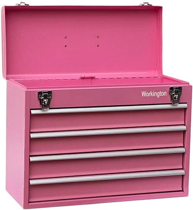 Workington Portable Metal Tool Chest with 4 Drawers, 20" 4-Drawer Tool Chest Cabinet with Ball Bearing Drawer Slides, Steel Tool Storage Box Organizer 4004 Pink