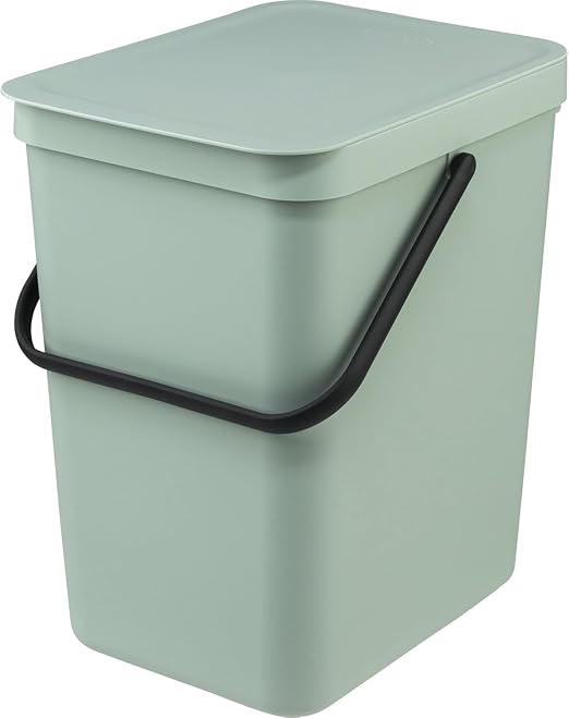 Brabantia Sort & Go Kitchen Recycling Bin | M / 6.6 Gal / 25L | Jade Green | Removable Stay-Open Lid, Carry Handle | Trash Can for Bottles, Cans, Paper, Glass | Wall-Mounting Bracket Sold Separately