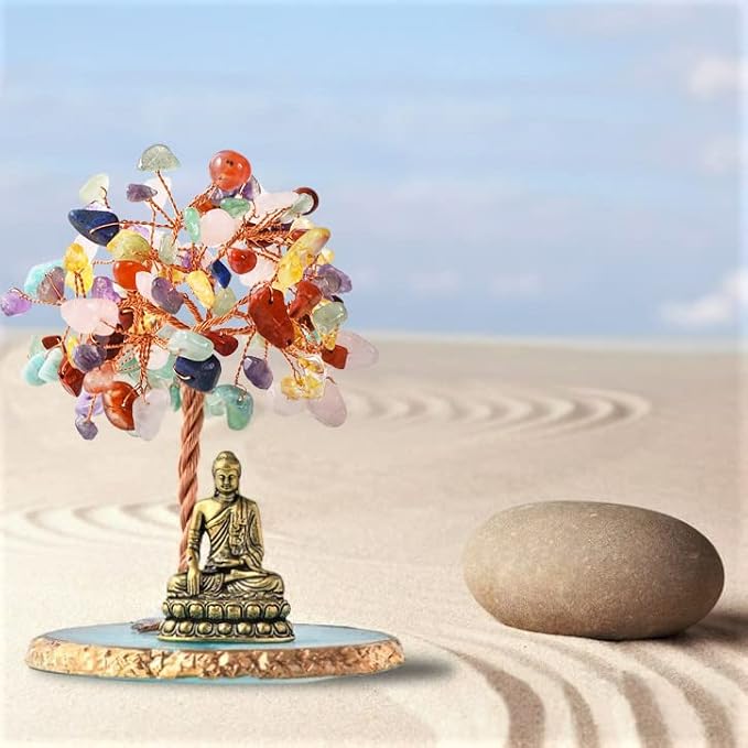 Buddha Statue with Healing Crystal Tree, Tree of Life for Positive Energy. Home Decor Yoga Meditation.7 Chakra.(C)