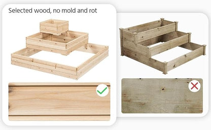 Topeakmart Wooden Planter Box 3 Tier Raised Garden Bed Open Bottom, 2Pcs | Sturdy fir wood tiered planter for patio & garden. Open bottom lets roots grow deep into natural soil.