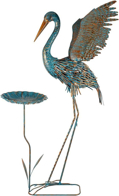 Large Heron Outdoor Statues with Leaf Tray | Waterproof Crane Garden Statue for Outside, Elegant Metal Crane Yard Art Garden Decor for Garden Yard, Porch