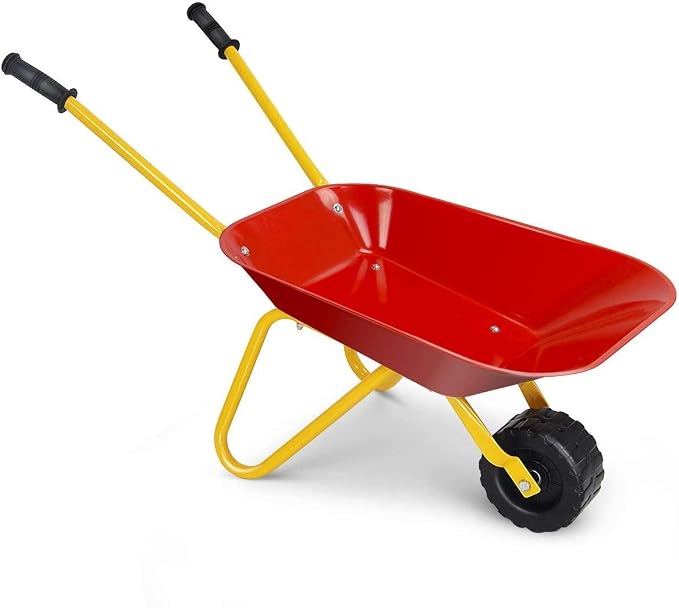 Costzon Kids Wheelbarrow, Metal Construction Toys Kart, Child Wheel Barrel w/Non-Slip Handle, Wearable Wheels, Yard Rover Steel Tray, Tote Dirt/Leaves/Tools in Garden for Toddlers (Red)