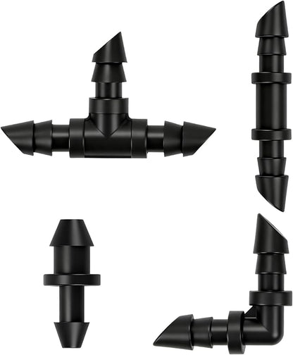 RedChili 160 Pack Drip Irrigation 1/4" Barbed Fittings Kit, Drip System Parts Double Barbed Connectors Includes Couplings Tees Elbows Plugs Fits 1/4-Inch Drip Tubing for Drip Line Connection