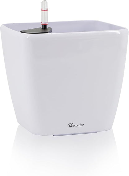 Dexceder 11x10 Self Watering Planter (White High Gloss) | Inner Mat Design, Thickened Table Flower Plant Pot with Water Level Indicator Indoor Outdoor