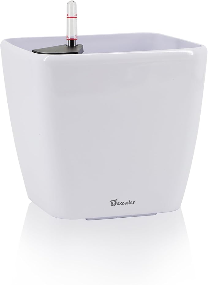 Dexceder 9x8 Self Watering Planter (White High Gloss) | Inner Mat Design, Thickened Table Flower Plant Pot with Water Level Indicator Indoor Outdoor